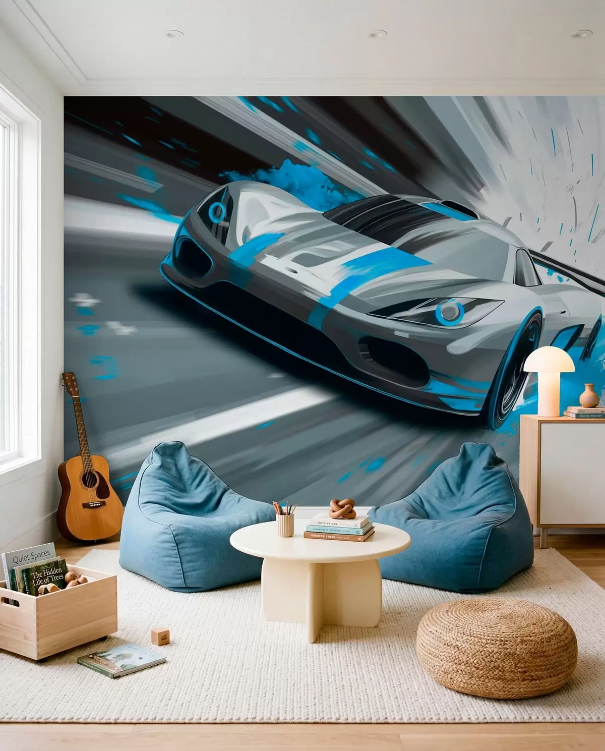 Fototapet dynamický sportovní vůz v digitálním kresebném stylu s tyrkysovými akcenty w05069v3
