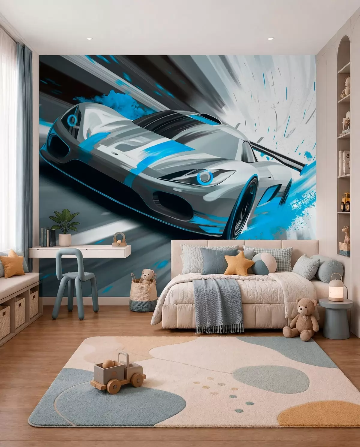 Fototapet dynamický sportovní vůz v digitálním kresebném stylu s tyrkysovými akcenty w05069v3