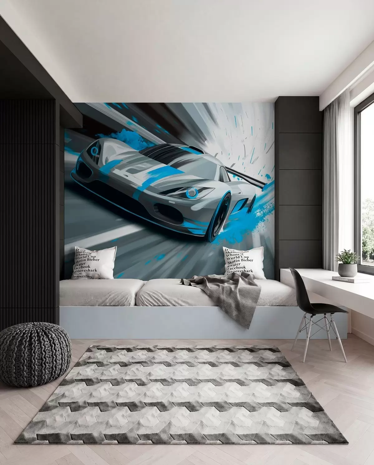 Fototapet dynamický sportovní vůz v digitálním kresebném stylu s tyrkysovými akcenty w05069v3