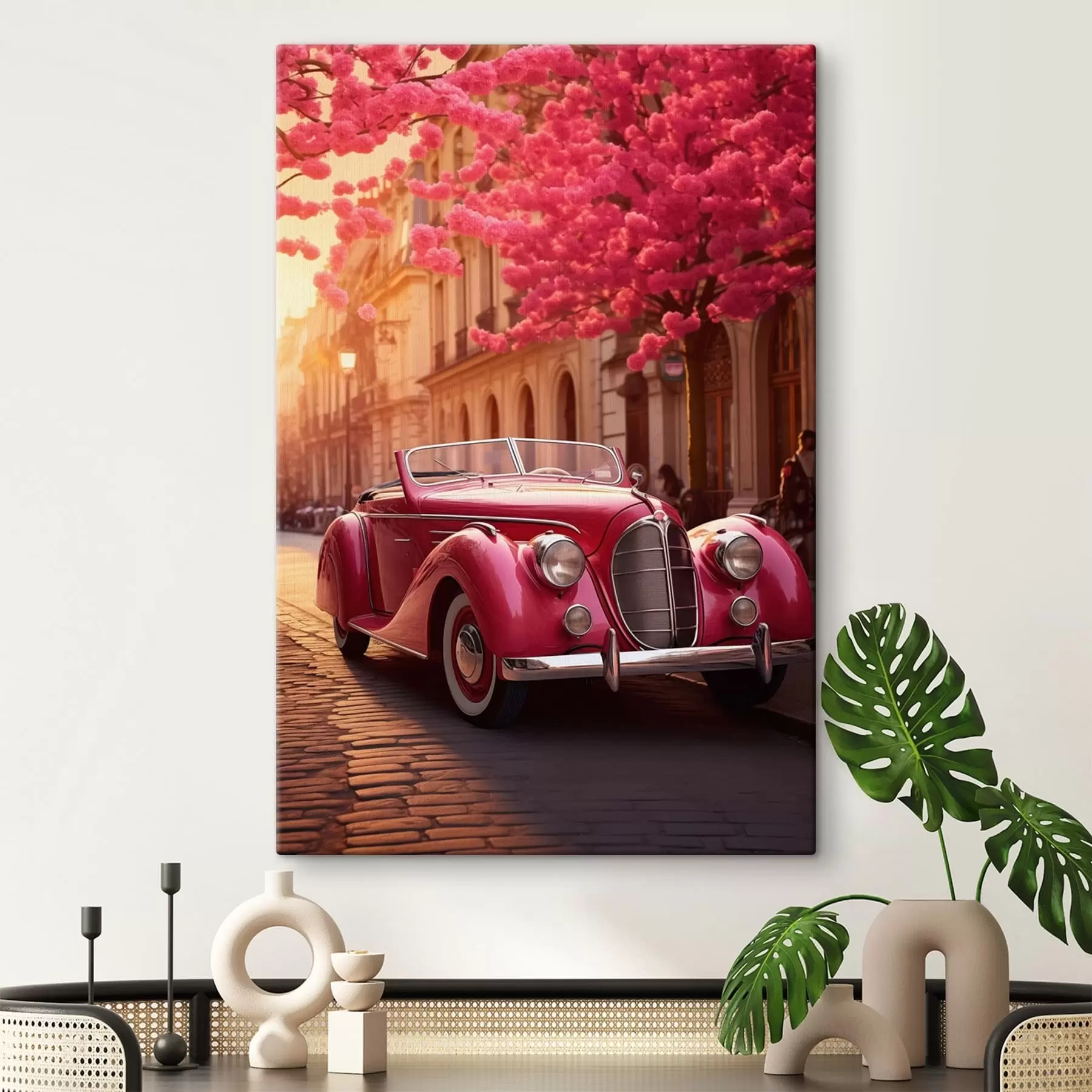 Obraz Růžové auto pod rozkvetlými stromy Č. s47295