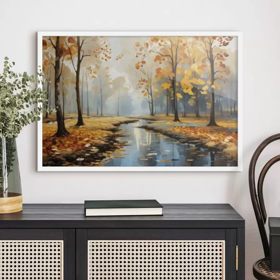 Fototapet Podzimní les s potokem a žlutými listy f47278