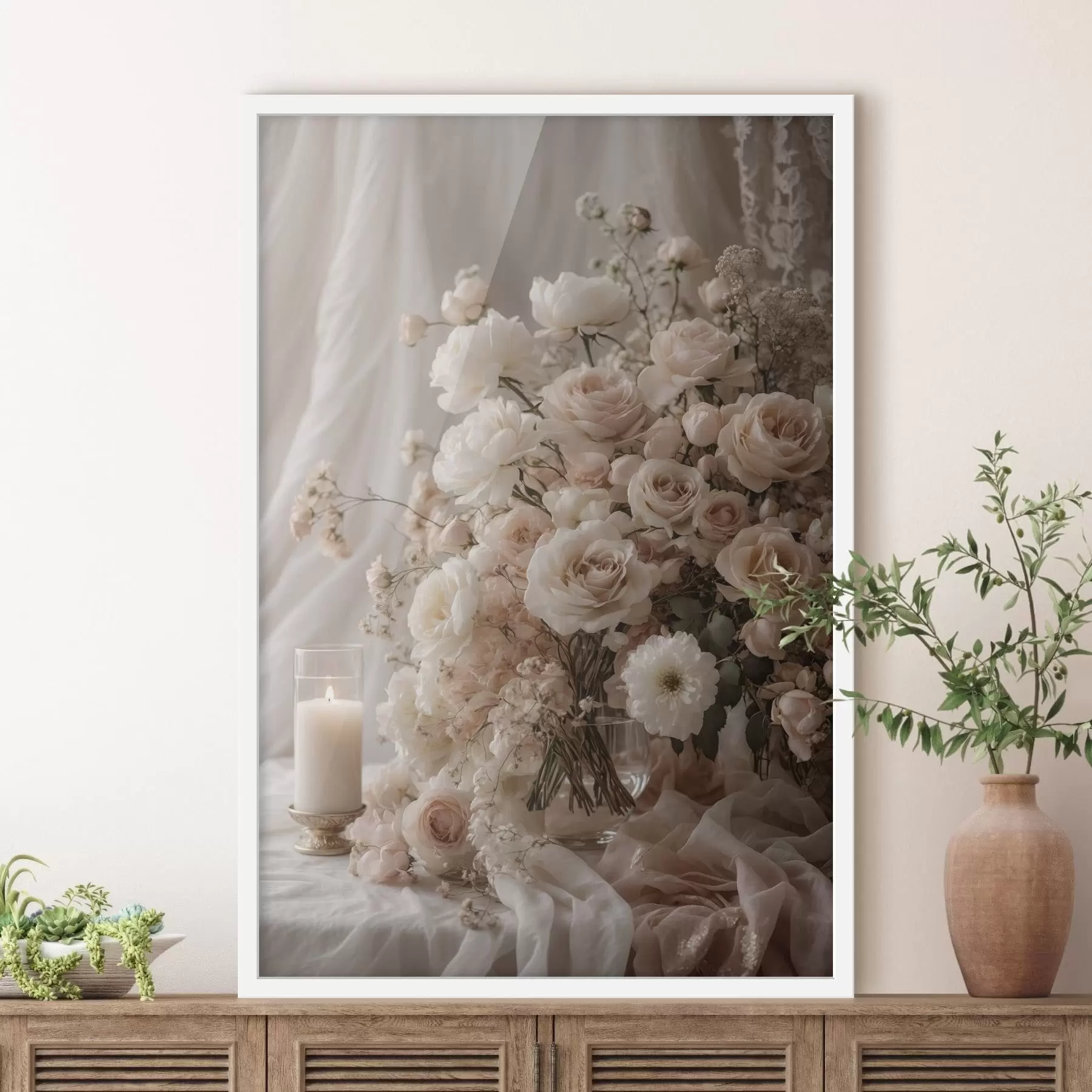 Fototapet Krémové květiny vedle zapálené svíčky f47281