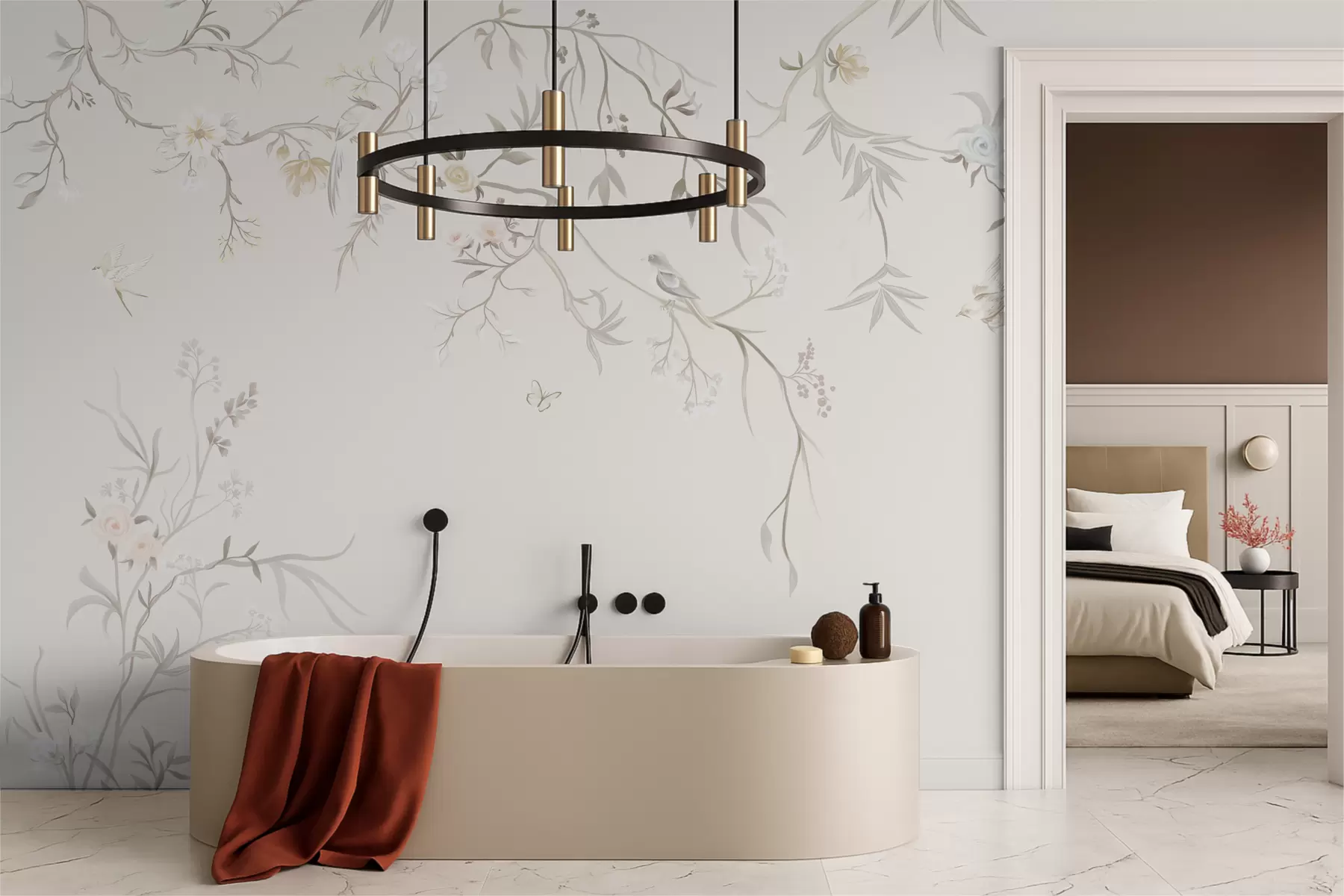 Fototapet Jemné květiny a ptáci na křídovém pozadí w05127