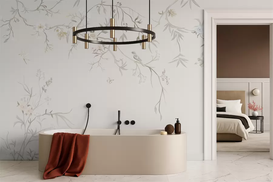 Fototapet Jemné květiny a ptáci na křídovém pozadí w05127