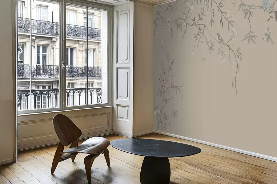 Fototapet Květinové větve s ptáky na teplém béžovém pozadí w05127v1