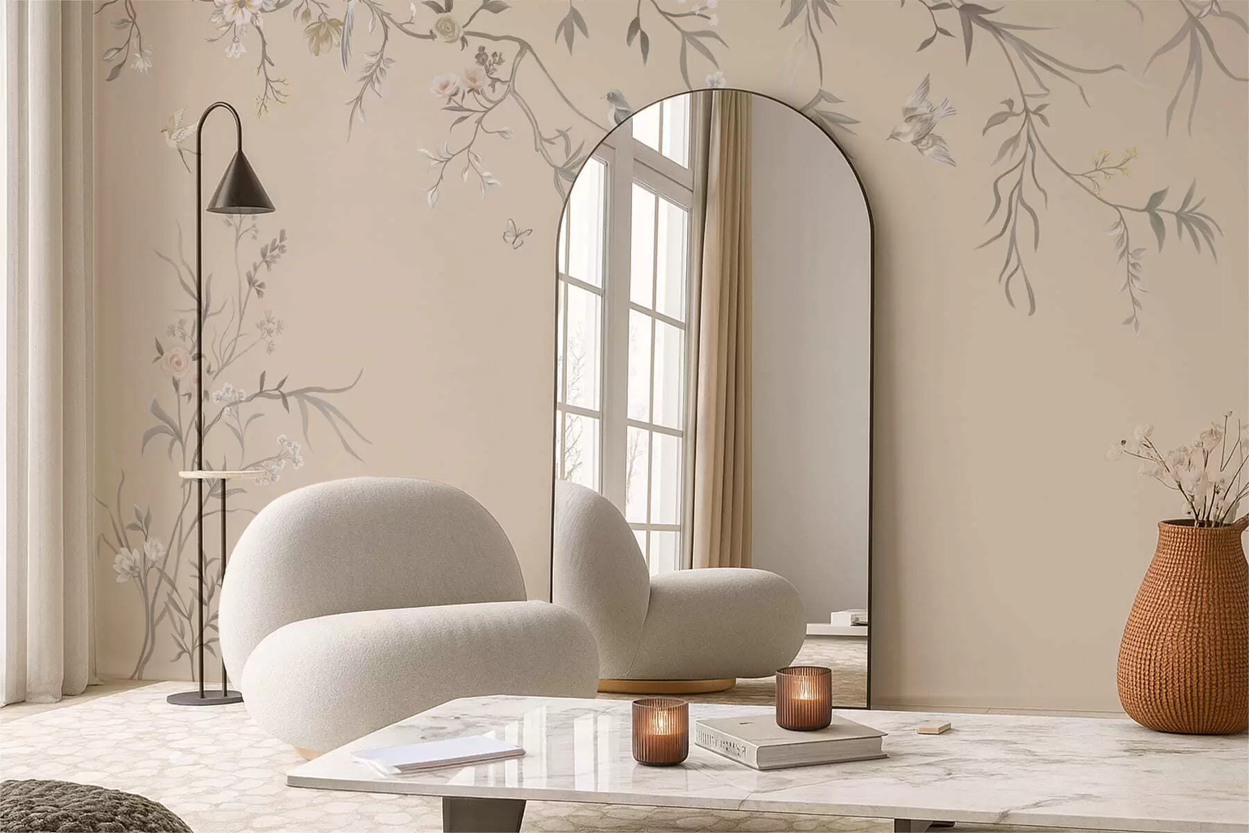 Fototapet Květinové větve s ptáky na teplém béžovém pozadí w05127v1