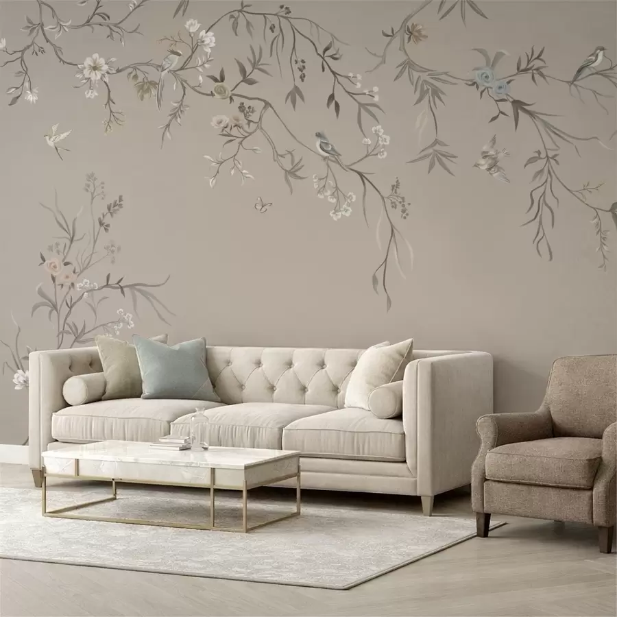 Fototapet Květinový ornament s ptáky na neutrálním pozadí w05127v3