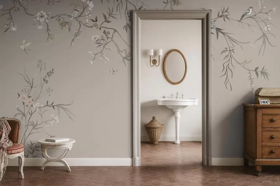 Fototapet Květinový ornament s ptáky na neutrálním pozadí w05127v3