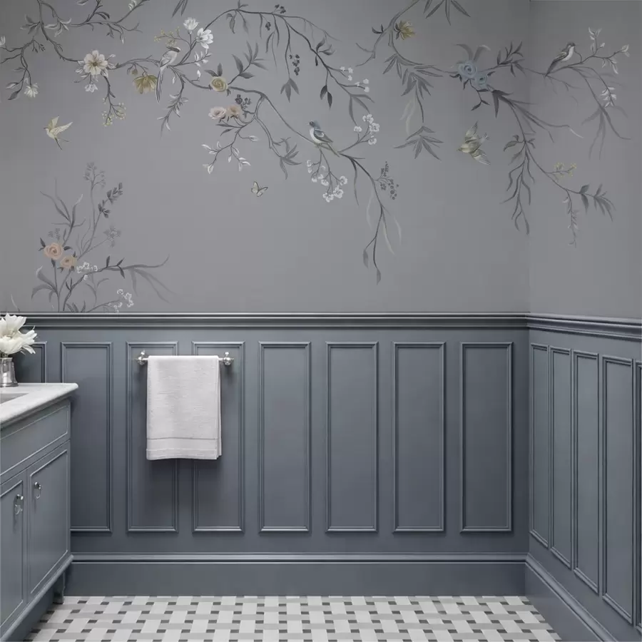 Fototapet Květinové větve s ptáky na zeleném pozadí w05127v5