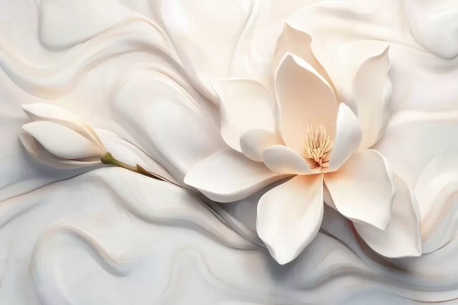 Fototapet Trojrozměrná bílá magnólie s imitací mramorové textury v reliéfu w09729