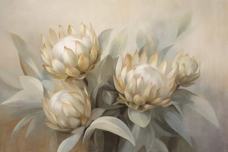 Fototapet Texturované květy protey se zelenými listy a měkkým, rozostřeným pozadím w09738