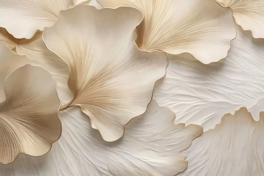 Fototapet Texturované, béžové a bílé okvětní lístky ginkga s jemným organickým potiskem w09741