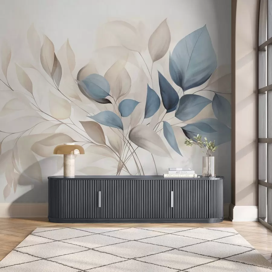 Fototapet Abstraktní průsvitné listy v odstínech modré, béžové a krémové barvy, texturované umění w09744