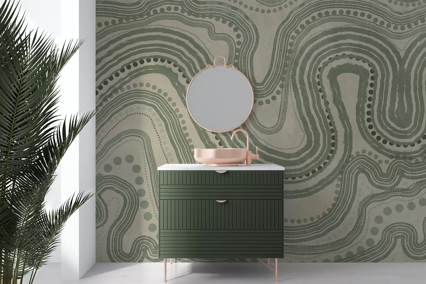 Fototapet Abstraktní zelené a béžové vlnovky a tečky, moderní texturované umění w09747