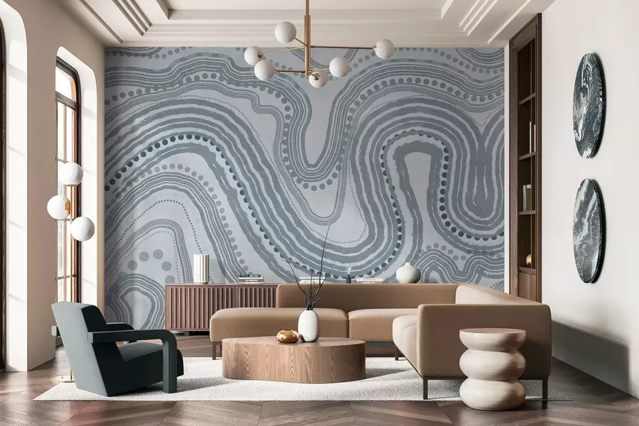 Fototapet Abstraktní modré vlnovky a tečky, moderní texturované umění w09747v3