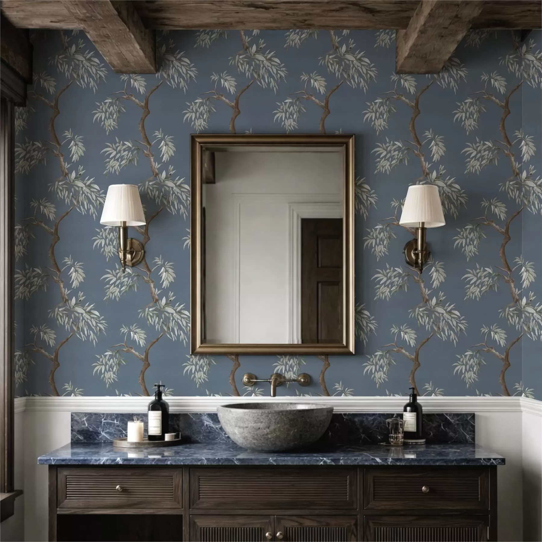 Fototapet Větev stromu s listy na modrém pozadí a01117