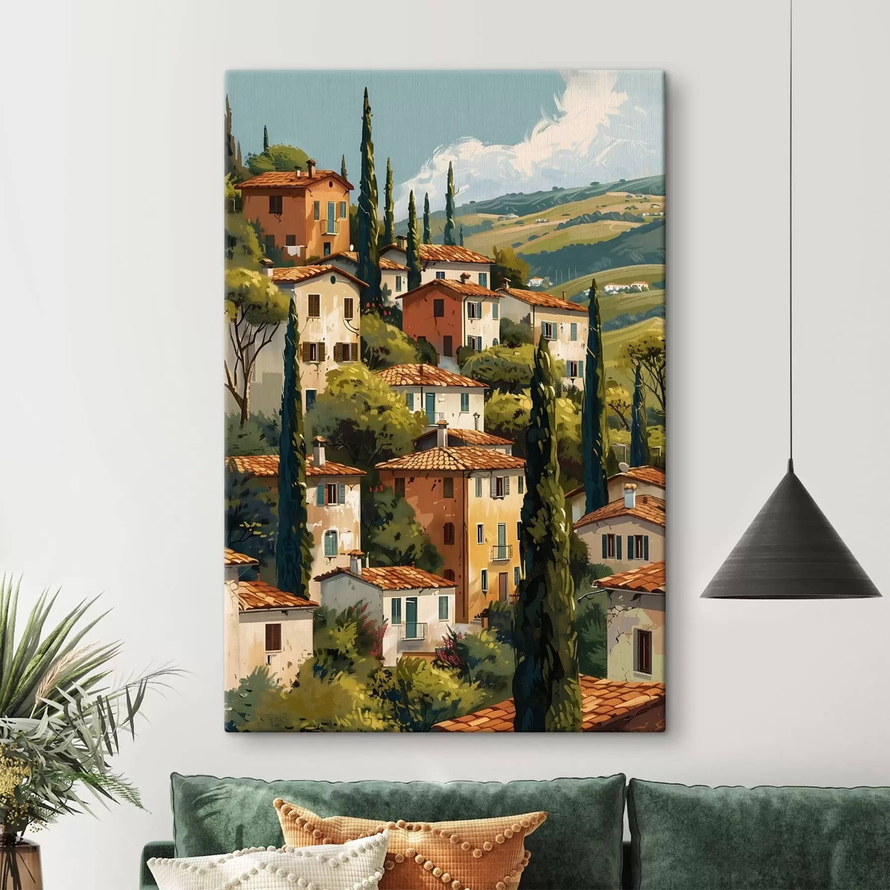 Obraz středomořská vesnice na svahu, domy v teplých barvách s terakotovými střechami Č. s47950