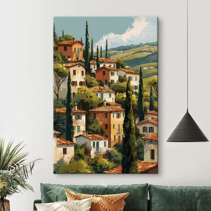 Obraz středomořská vesnice na svahu, domy v teplých barvách s terakotovými střechami Č. s47950