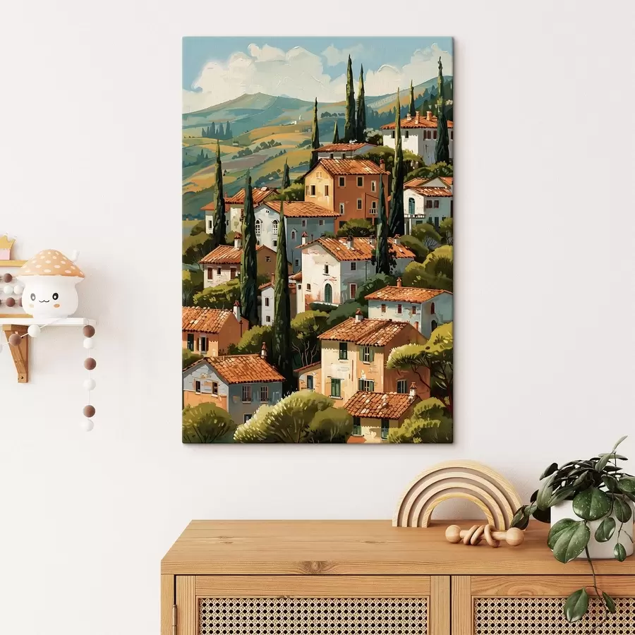 Obraz středomořská vesnice na svahu, domy v teplých barvách s terakotovými střechami Č. s47951