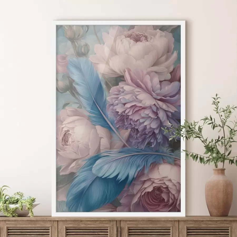 Fototapet peří mezi pivoňkami f47939