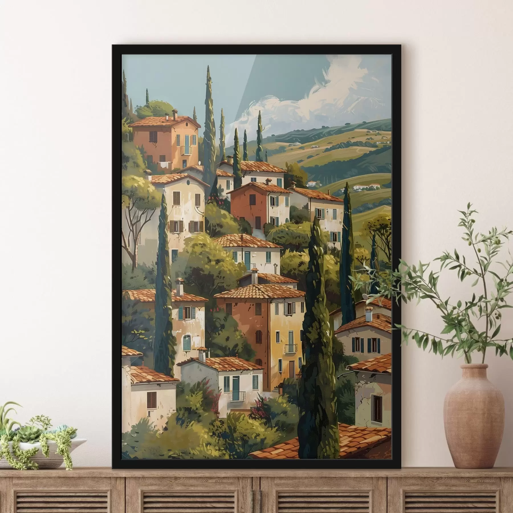 Fototapet středomořská vesnice na svahu, domy v teplých barvách s terakotovými střechami f47950