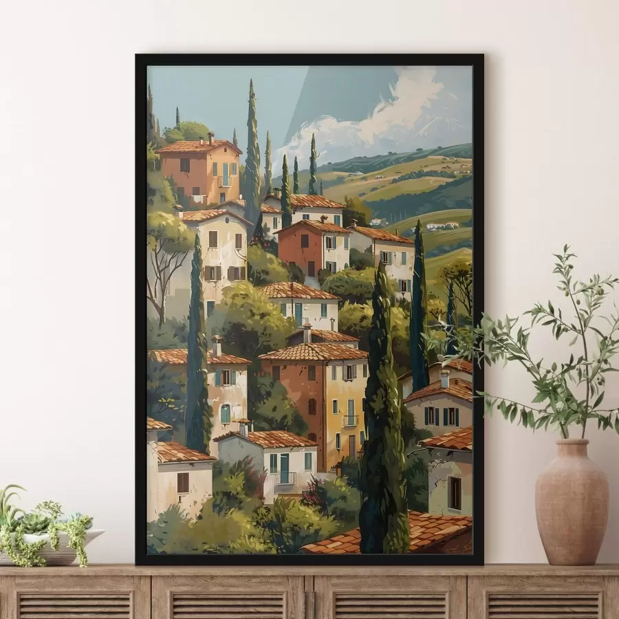 Fototapet středomořská vesnice na svahu, domy v teplých barvách s terakotovými střechami f47950