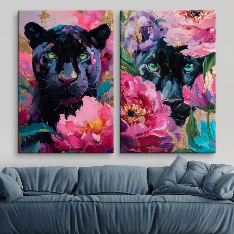 Obraz černá pantera mezi pivoňkami Č. m30090
