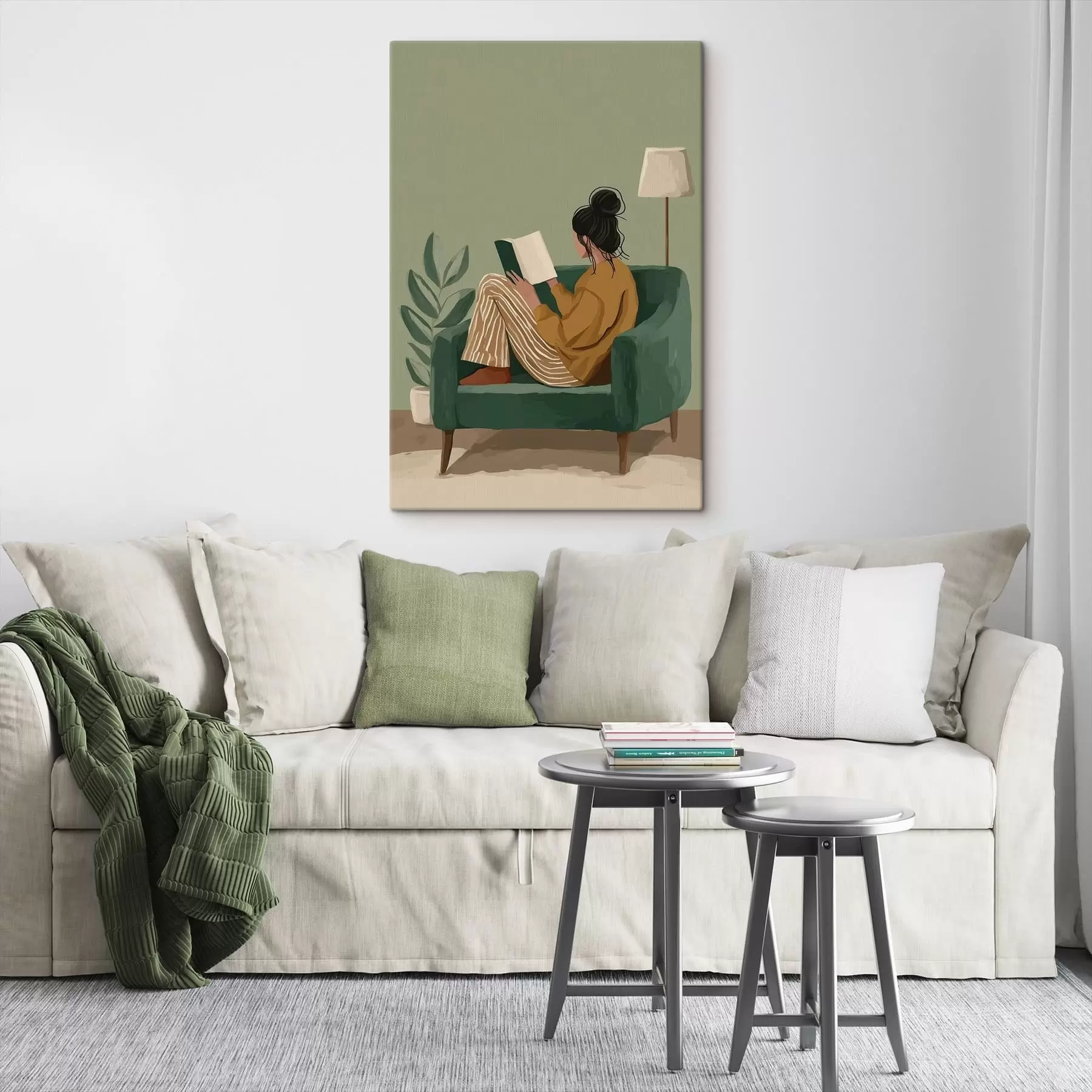 Obraz minimalistická útulná ilustrace ženy sedící v křesle a čtoucí knihu Č. s48118