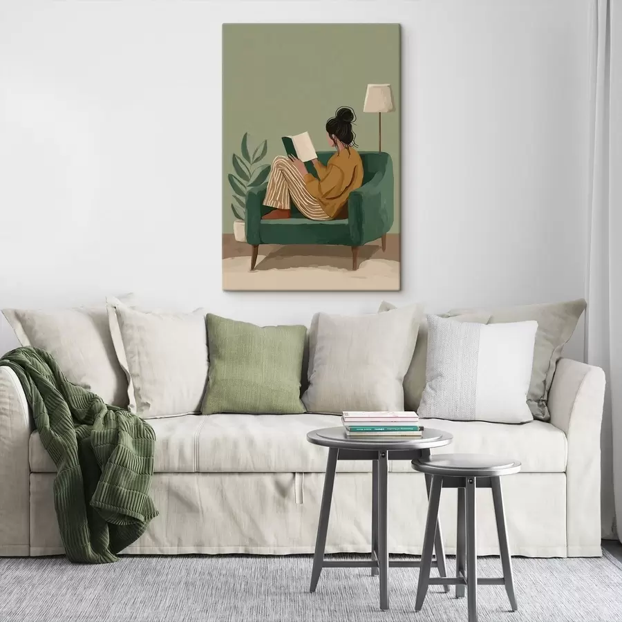 Obraz minimalistická útulná ilustrace ženy sedící v křesle a čtoucí knihu Č. s48118