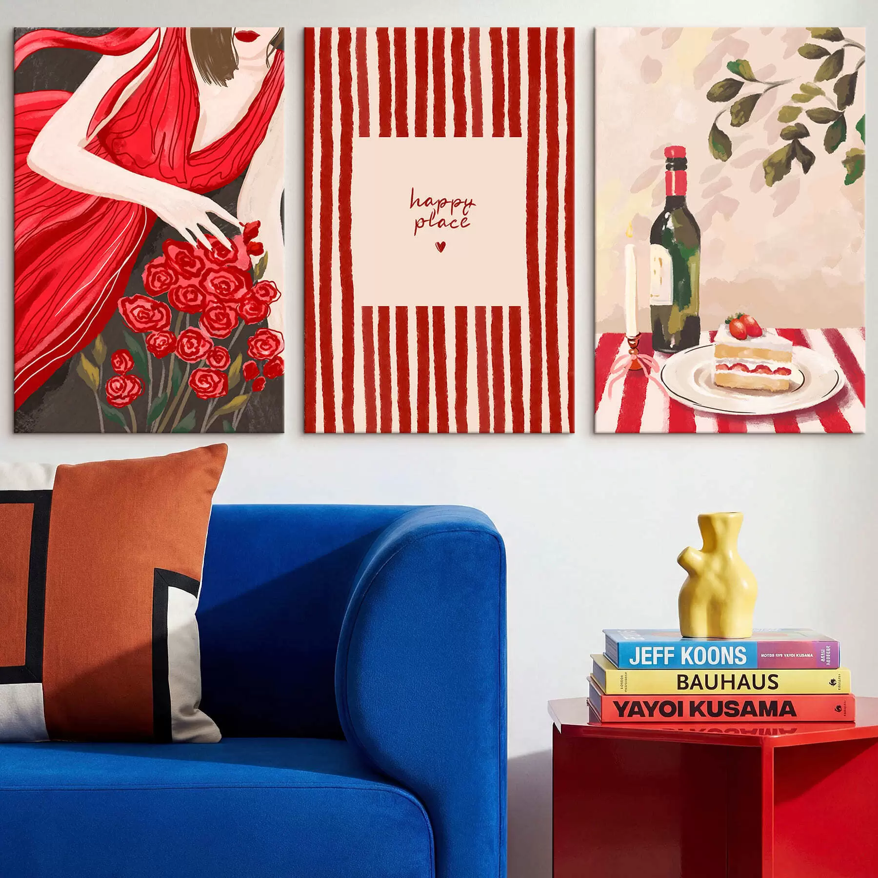 Obraz Žena s růžemi, pruhovaný plakát a stůl Č. m30099