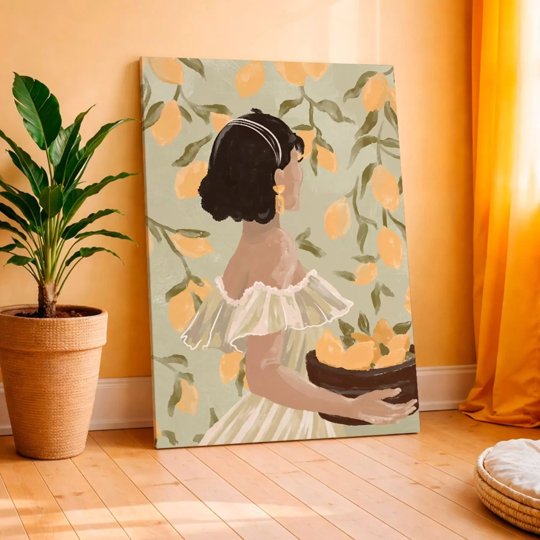 Obraz Žena držící misku s citrony za větve Č. s48023