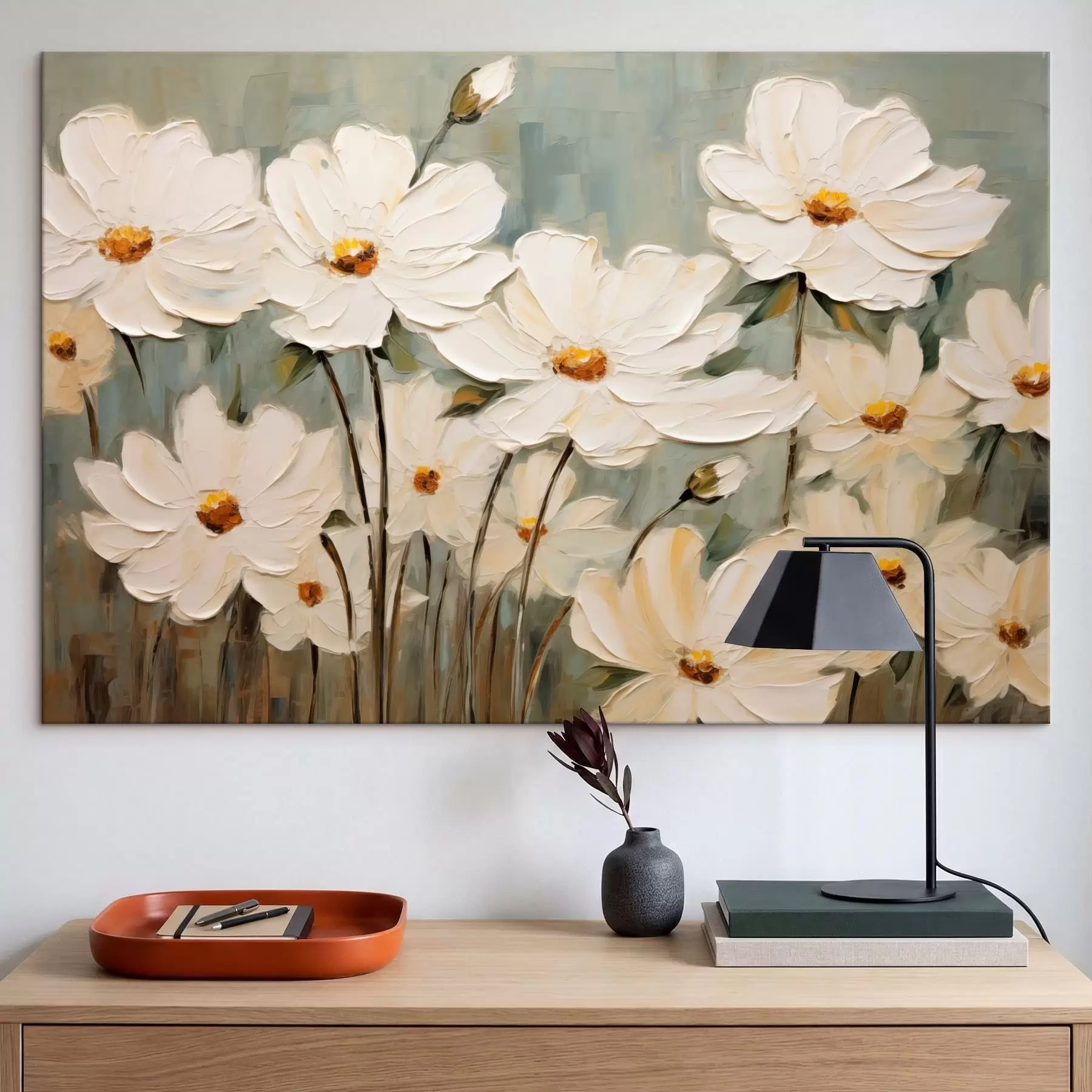 Obraz Bílé květy na strukturovaném pozadí, tahy štětcem Č. s48094