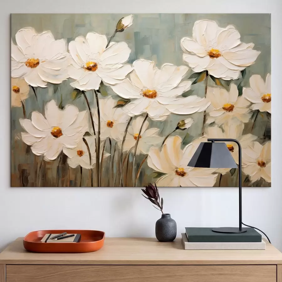 Obraz Bílé květy na strukturovaném pozadí, tahy štětcem Č. s48094