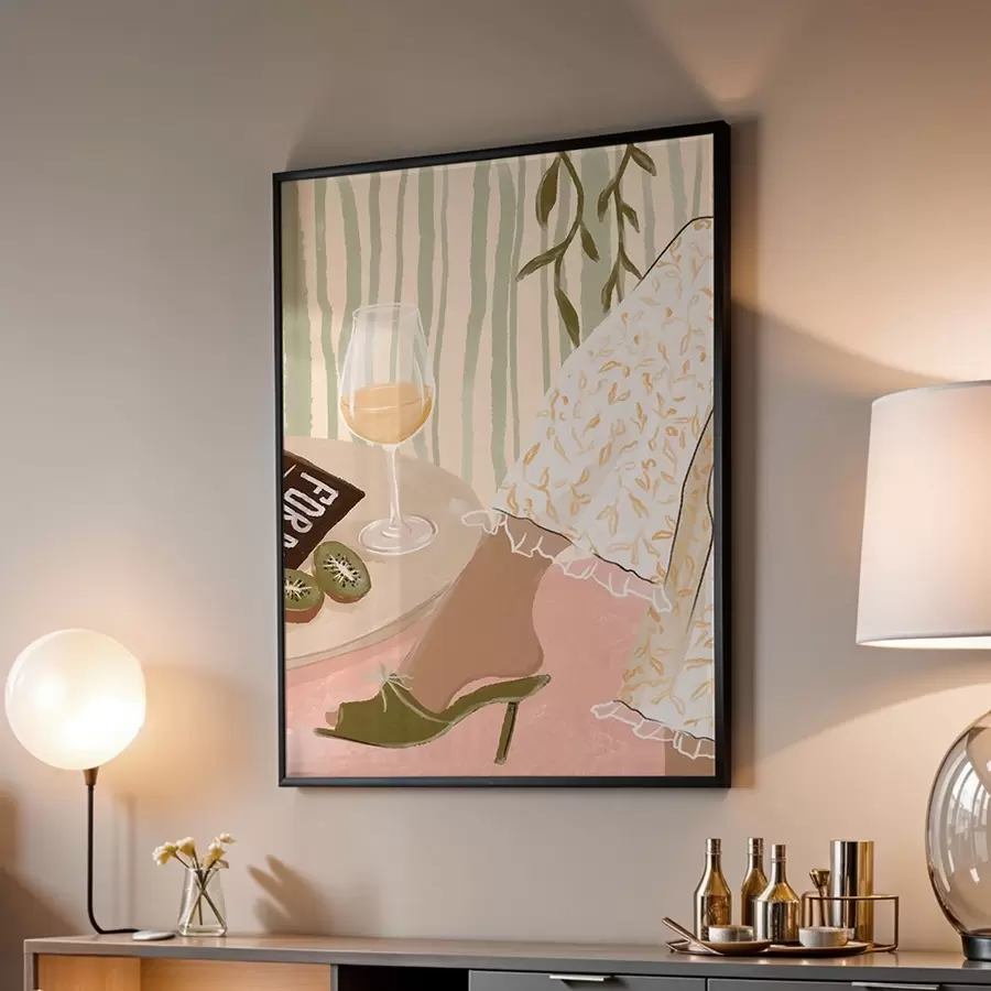 Fototapet Stůl s vínovou sklenicí a kiwi u šatů f48021