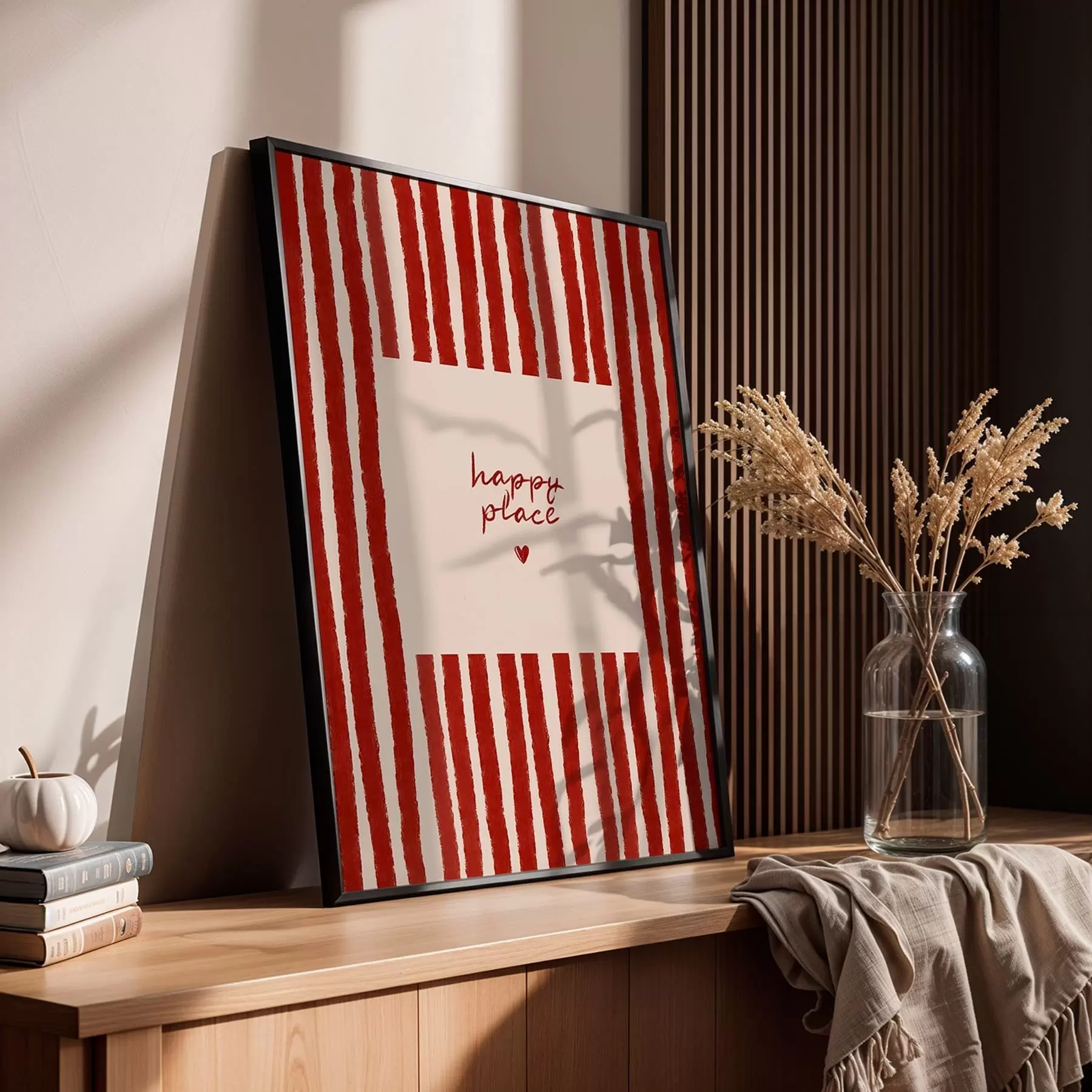 Fototapet Červené pruhy s textem „happy place“ f48025