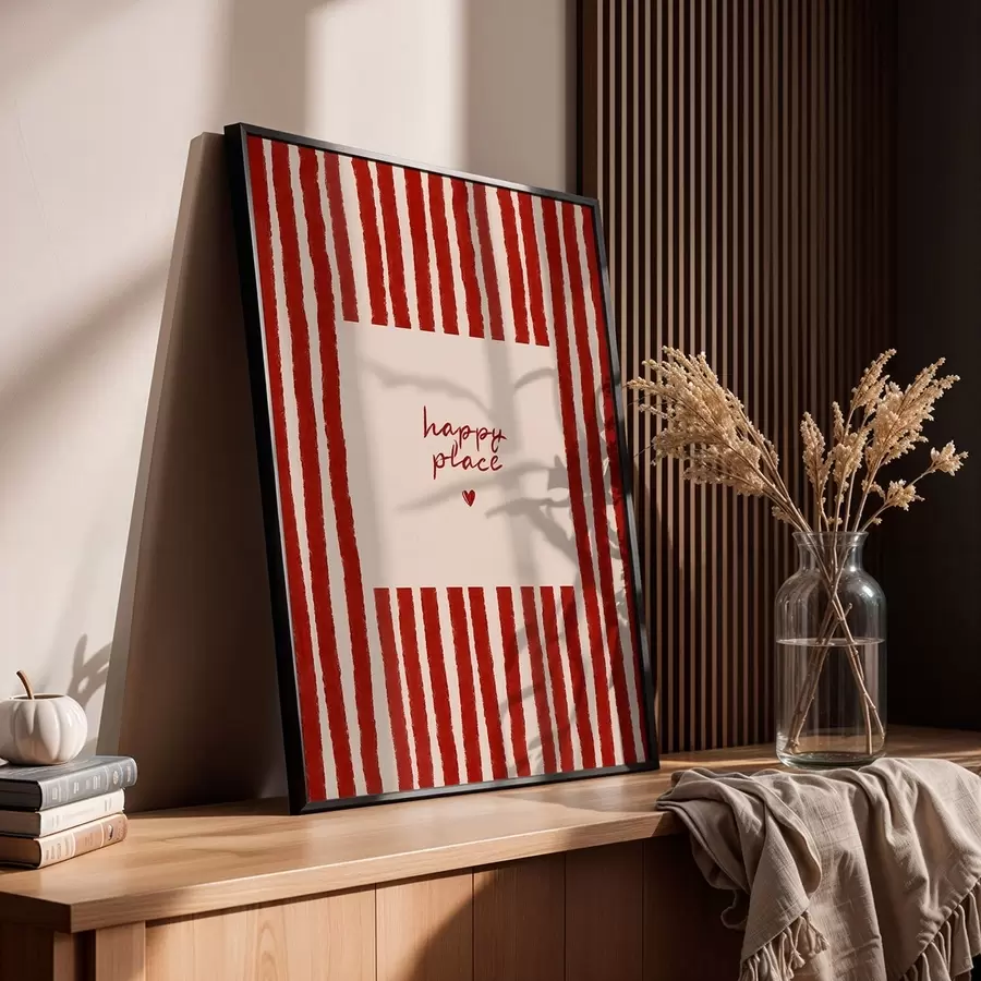 Fototapet Červené pruhy s textem „happy place“ f48025