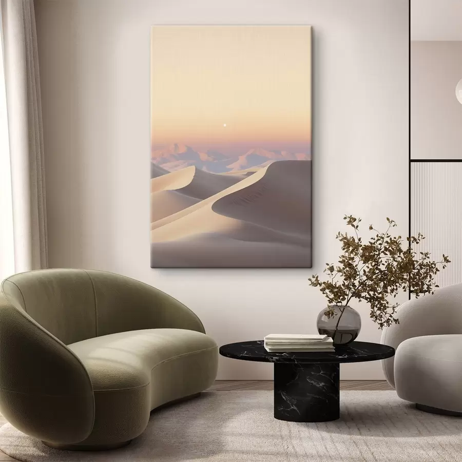 Obraz Pouštní krajina s vlnícími se písečnými dunami pod jemně pastelovou oblohou, v pozadí vzdálené hory Č. s47865