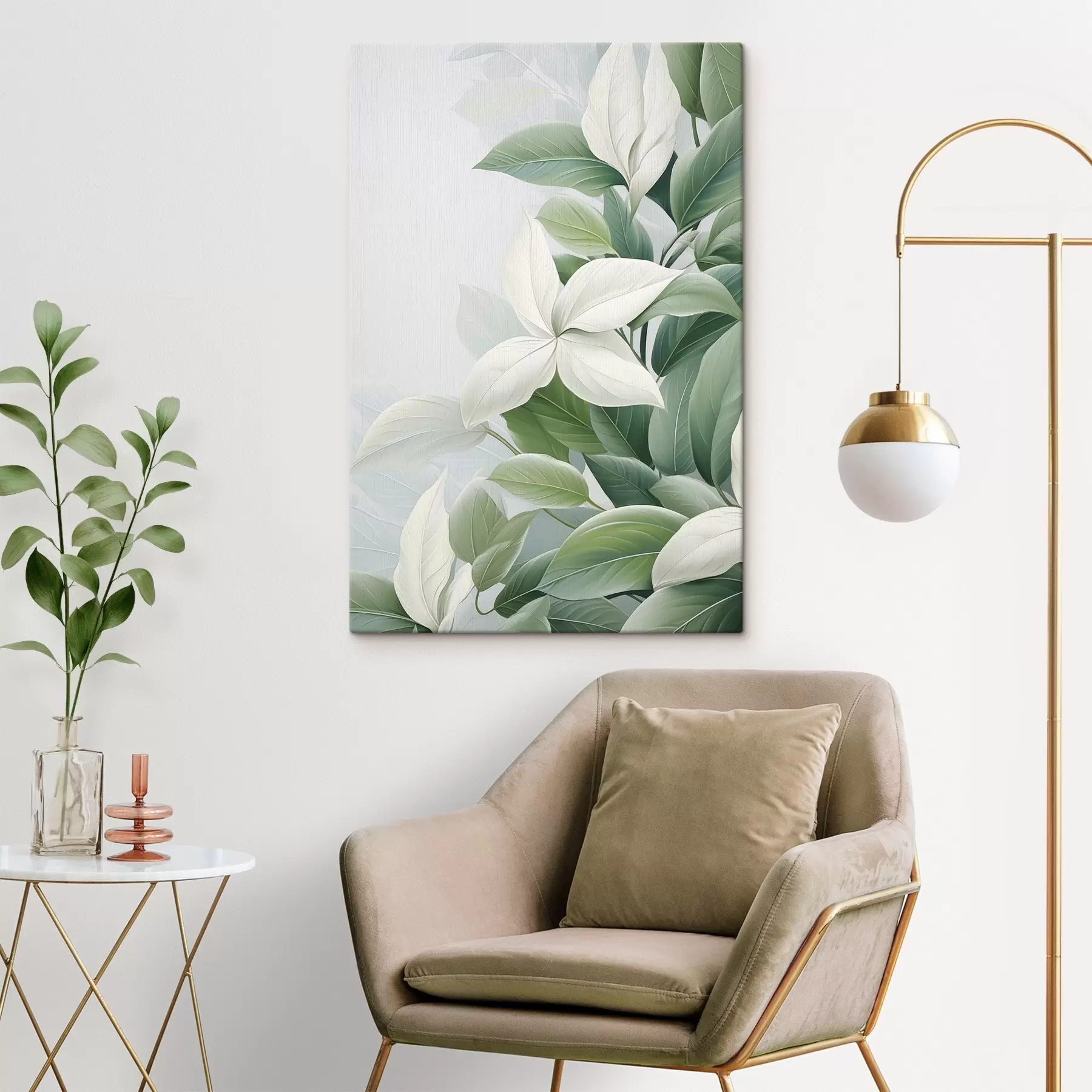 Obraz Bílé květy se zelenými listy, pastelové pozadí Č. s47870