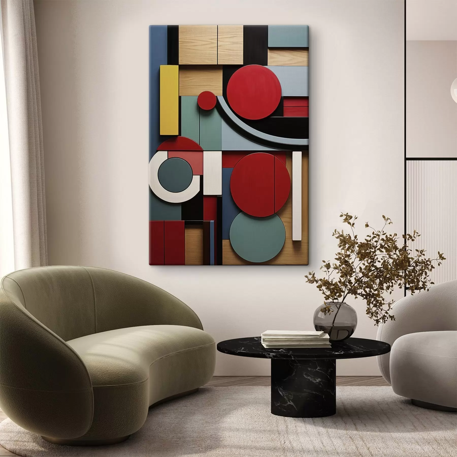 Obraz Abstraktní geometrická kompozice s imitací dřevěné textury, červenými, černými, bílými a modrozelenými obdélníky a kruhy Č. s47876