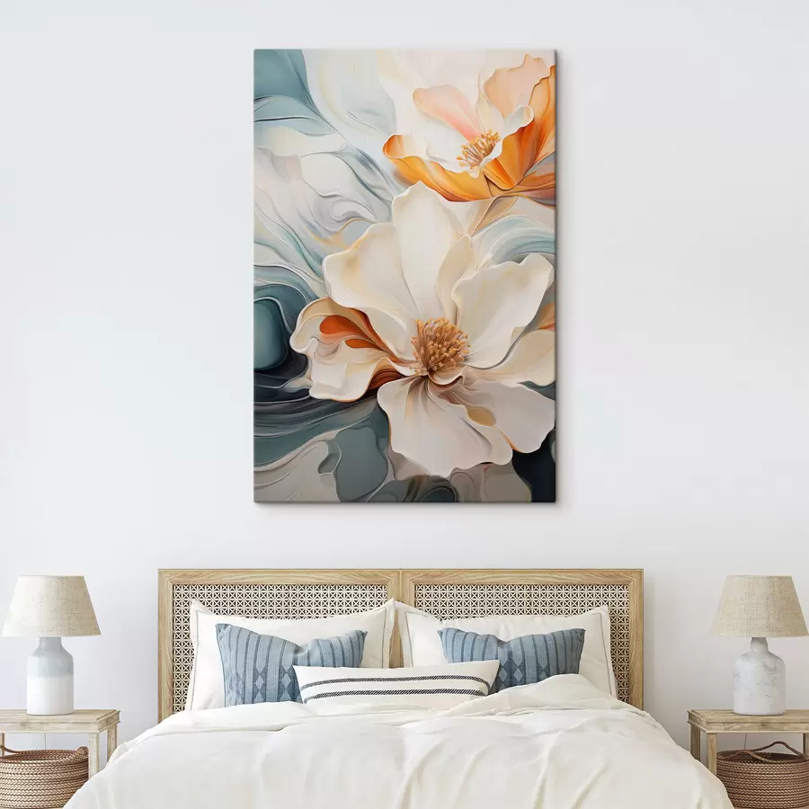 Obraz Abstraktní velký květ s bílými, oranžovými a tyrkysovými okvětními lístky, strukturované pozadí Č. s47878