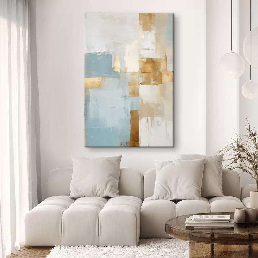 Obraz Abstraktní geometrické tvary v žluté, modré a bílé barvě, strukturovaná a minimalistická kompozice Č. s47882