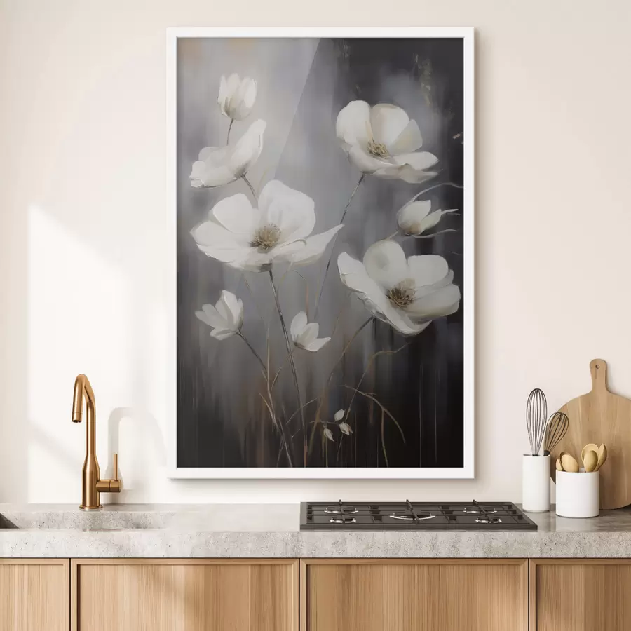 Fototapet Bílé květy s hnědým středem a tenkými stonky na tmavém, strukturovaném pozadí f47858