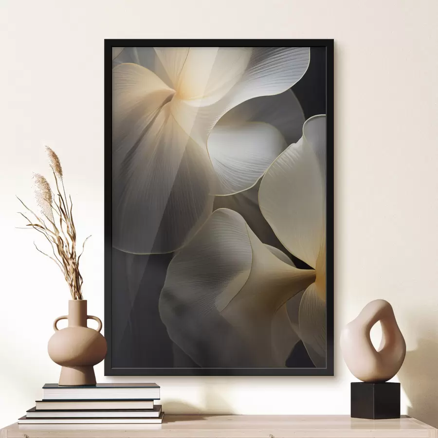 Fototapet Abstraktní plynoucí průsvitné okvětní lístky s jemnými liniemi na tmavém pozadí f47859