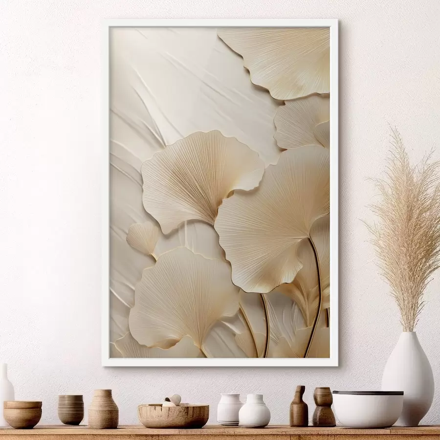 Fototapet Abstraktní listy ginkga na texturovaném světlém pozadí, elegantní a abstraktní kompozice f47867