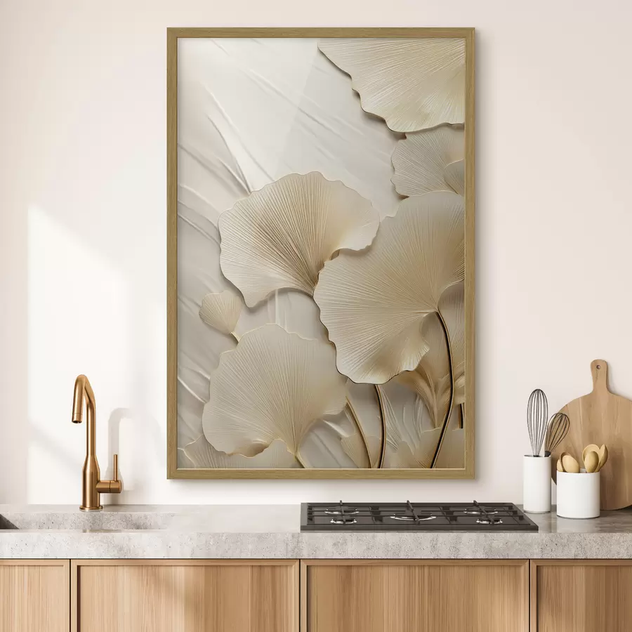 Fototapet Abstraktní listy ginkga na texturovaném světlém pozadí, elegantní a abstraktní kompozice f47867