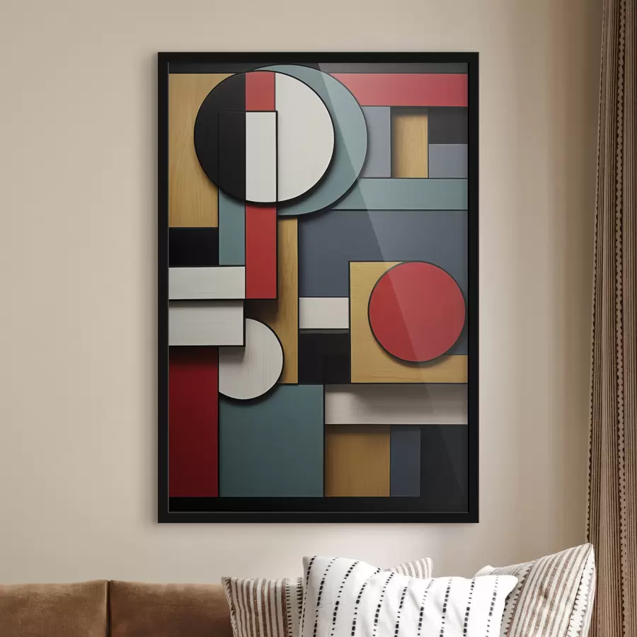 Fototapet Abstraktní geometrická kompozice s imitací dřevěné textury, červenými, černými, bílými a modrozelenými obdélníky a kruhy f47875