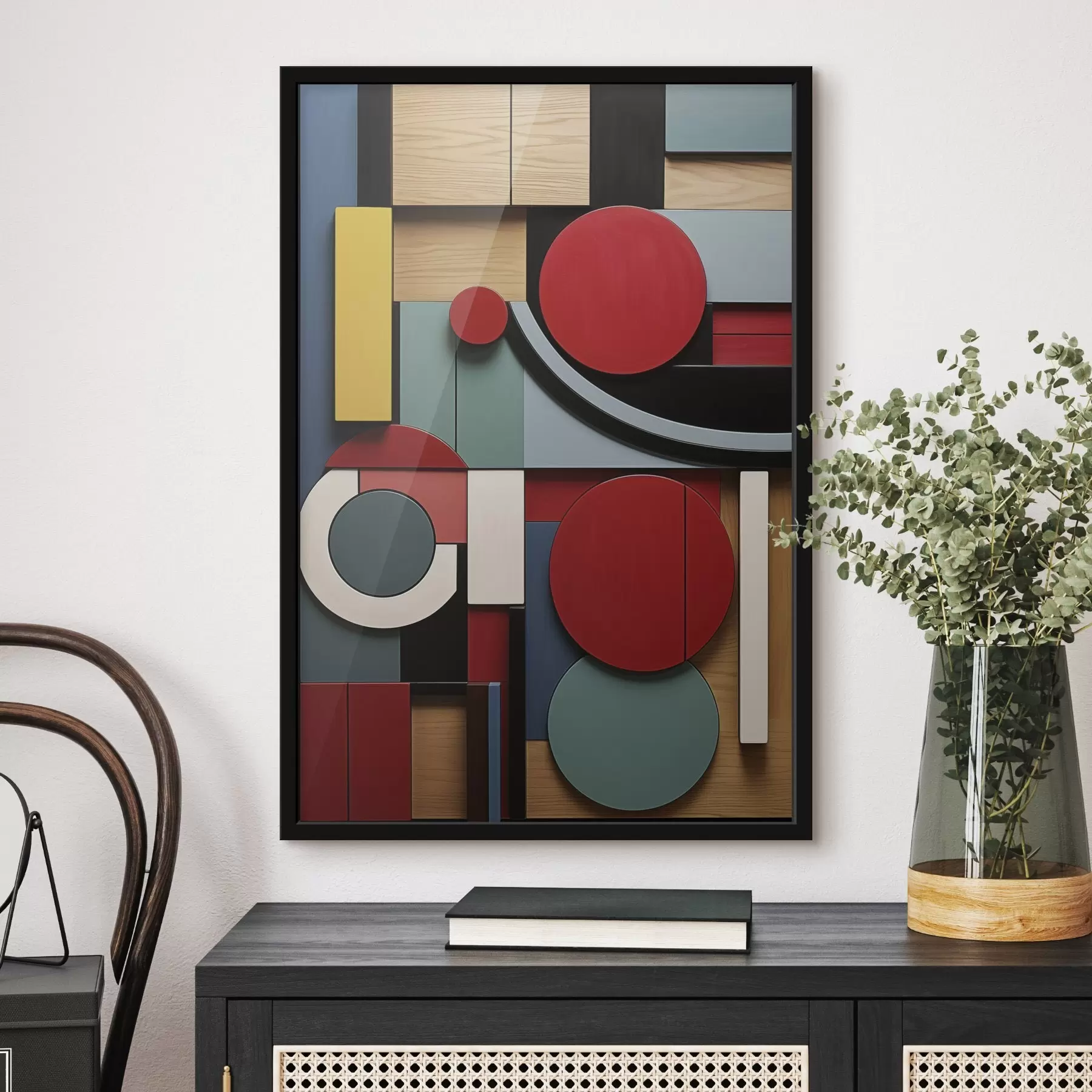 Fototapet Abstraktní geometrická kompozice s imitací dřevěné textury, červenými, černými, bílými a modrozelenými obdélníky a kruhy f47876