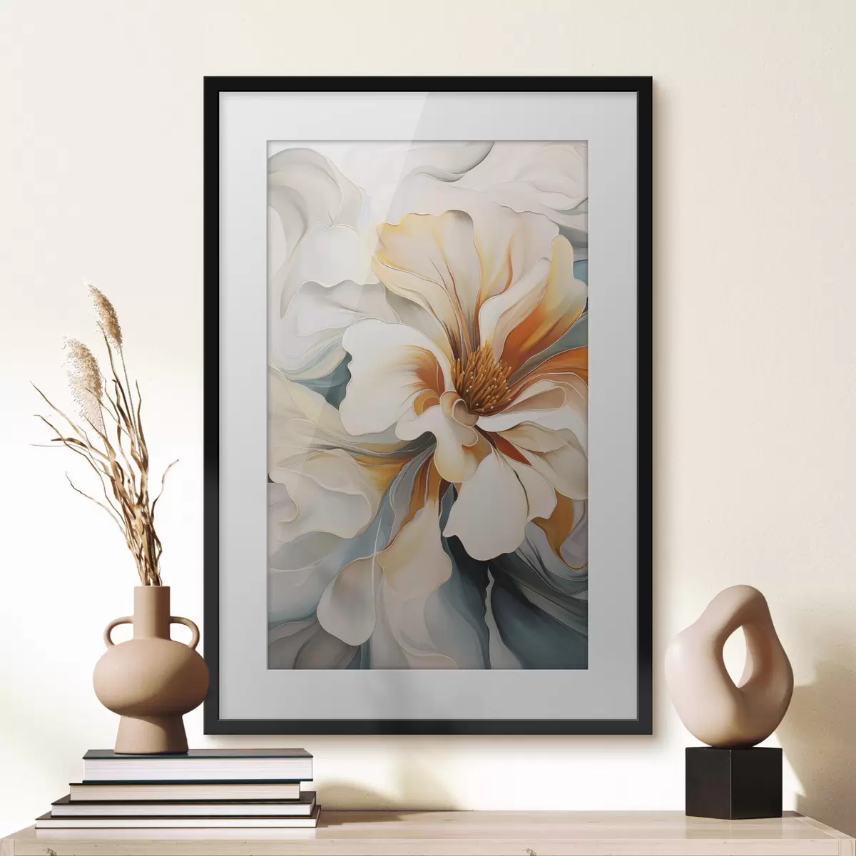 Poster Abstraktní velký květ s bílými, oranžovými a tyrkysovými okvětními lístky, strukturované pozadí f47877