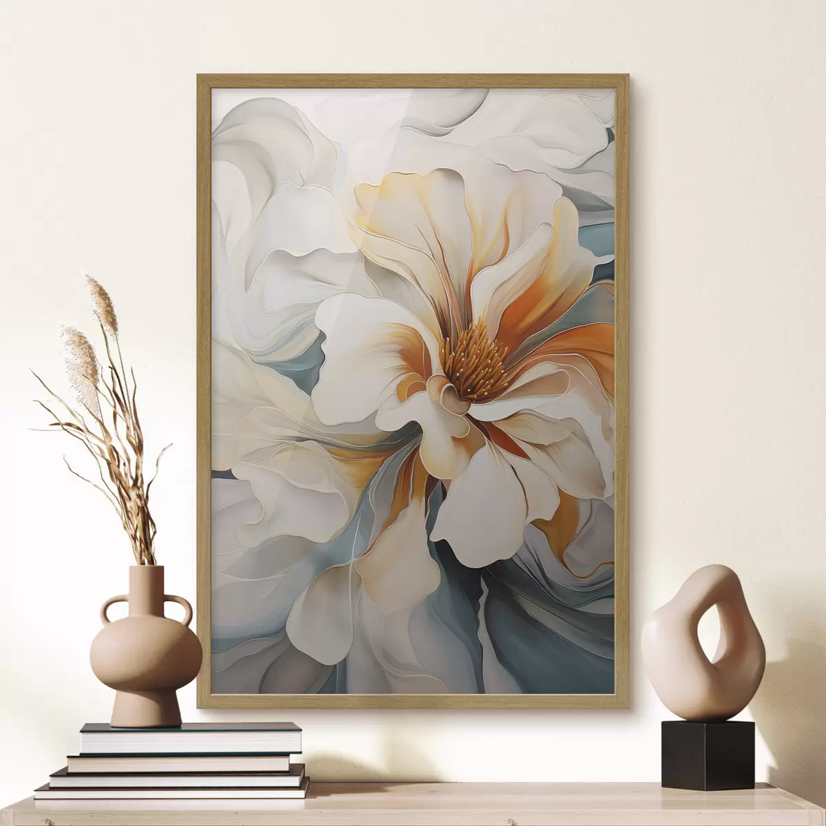 Poster Abstraktní velký květ s bílými, oranžovými a tyrkysovými okvětními lístky, strukturované pozadí f47877
