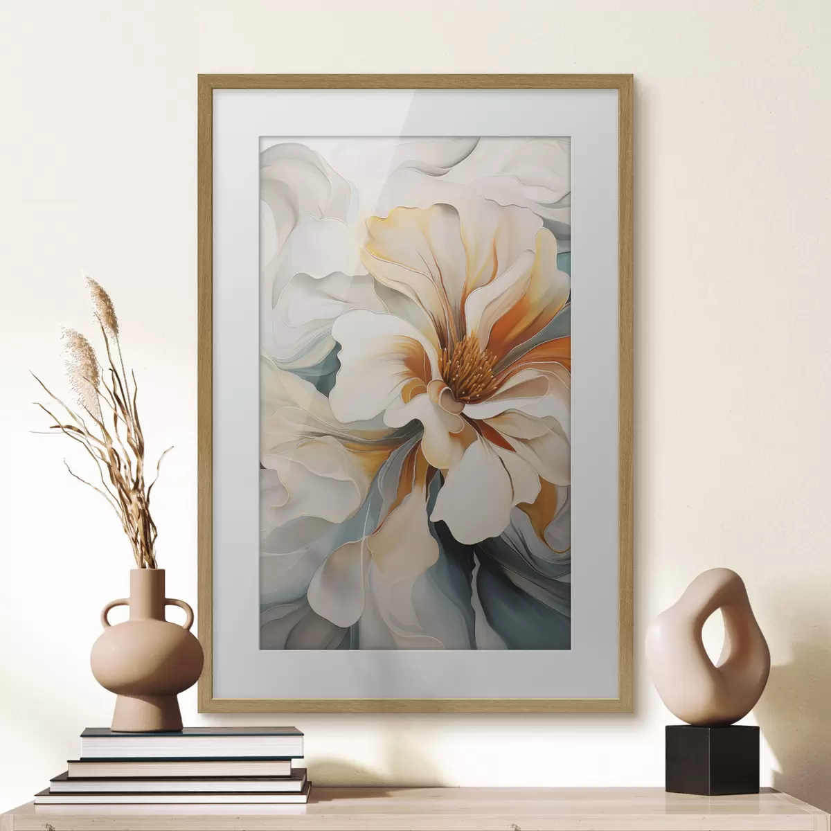 Poster Abstraktní velký květ s bílými, oranžovými a tyrkysovými okvětními lístky, strukturované pozadí f47877